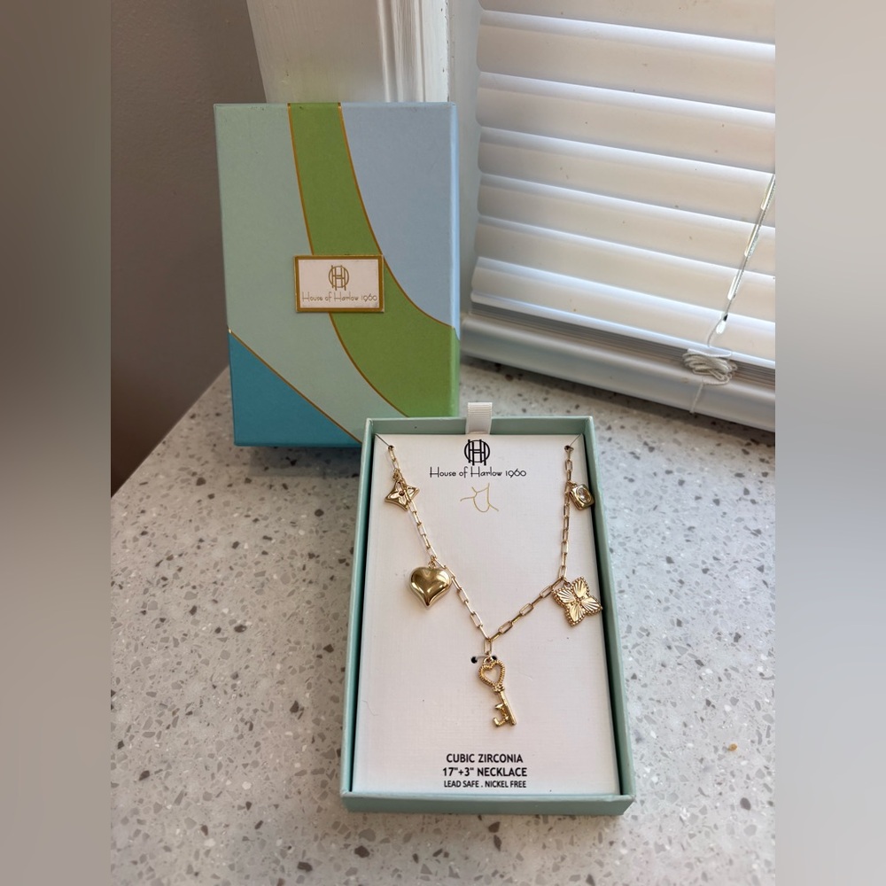 NIB House of Harlow 1960 Gold Charm Link Necklace with Key, Heart & Butterfly